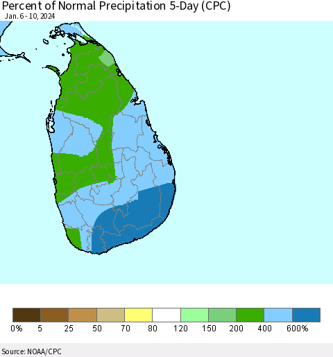 Sri Lanka Percent of Normal Precipitation 5-Day (CPC) Thematic Map For 1/6/2024 - 1/10/2024
