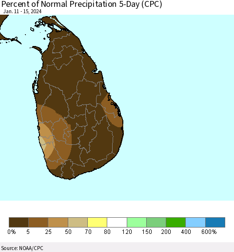 Sri Lanka Percent of Normal Precipitation 5-Day (CPC) Thematic Map For 1/11/2024 - 1/15/2024