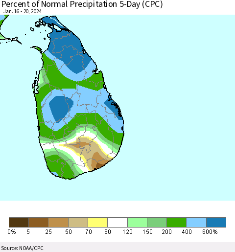 Sri Lanka Percent of Normal Precipitation 5-Day (CPC) Thematic Map For 1/16/2024 - 1/20/2024