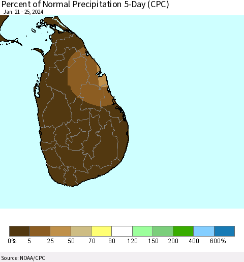 Sri Lanka Percent of Normal Precipitation 5-Day (CPC) Thematic Map For 1/21/2024 - 1/25/2024