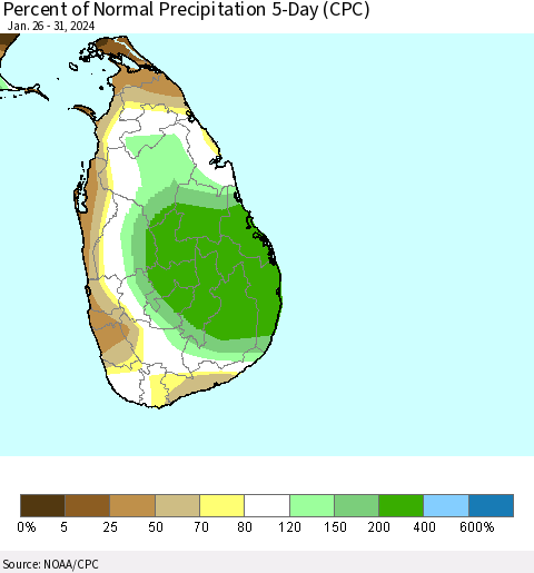Sri Lanka Percent of Normal Precipitation 5-Day (CPC) Thematic Map For 1/26/2024 - 1/31/2024