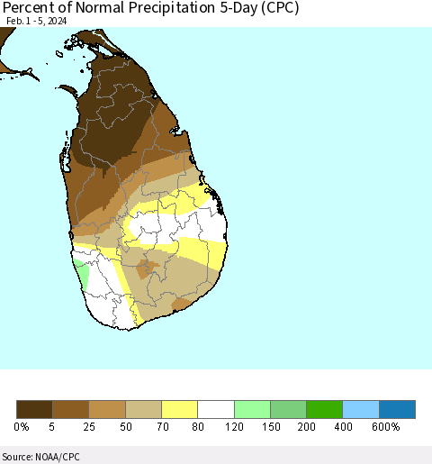 Sri Lanka Percent of Normal Precipitation 5-Day (CPC) Thematic Map For 2/1/2024 - 2/5/2024