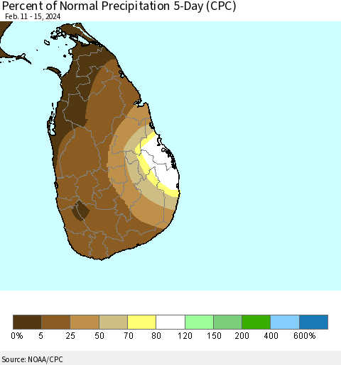 Sri Lanka Percent of Normal Precipitation 5-Day (CPC) Thematic Map For 2/11/2024 - 2/15/2024