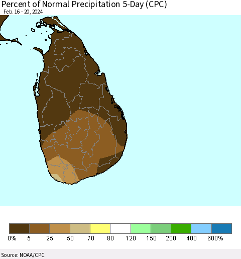 Sri Lanka Percent of Normal Precipitation 5-Day (CPC) Thematic Map For 2/16/2024 - 2/20/2024
