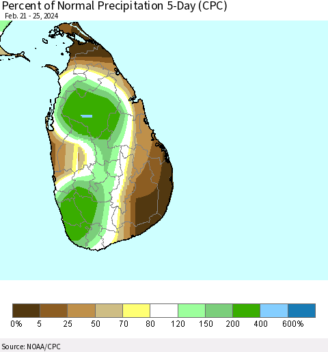 Sri Lanka Percent of Normal Precipitation 5-Day (CPC) Thematic Map For 2/21/2024 - 2/25/2024