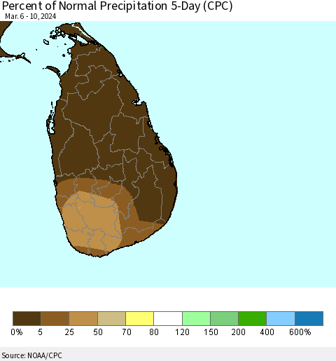 Sri Lanka Percent of Normal Precipitation 5-Day (CPC) Thematic Map For 3/6/2024 - 3/10/2024