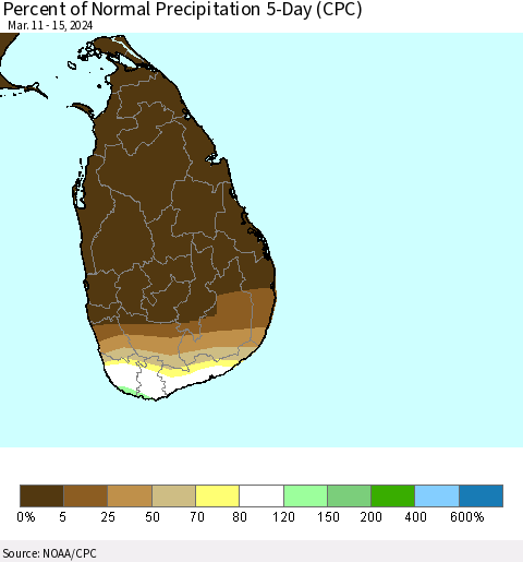 Sri Lanka Percent of Normal Precipitation 5-Day (CPC) Thematic Map For 3/11/2024 - 3/15/2024