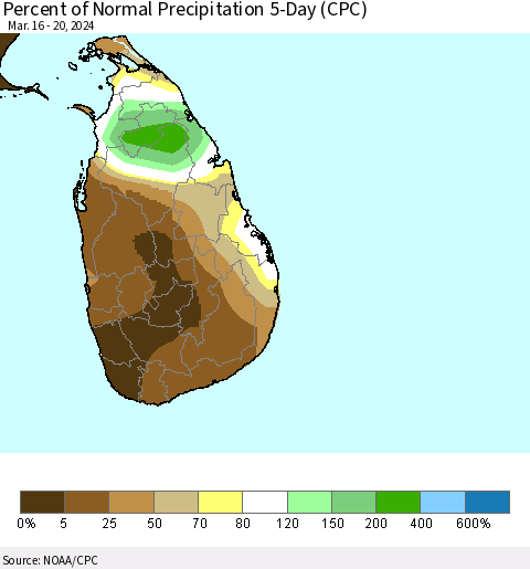 Sri Lanka Percent of Normal Precipitation 5-Day (CPC) Thematic Map For 3/16/2024 - 3/20/2024