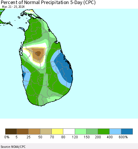 Sri Lanka Percent of Normal Precipitation 5-Day (CPC) Thematic Map For 3/21/2024 - 3/25/2024
