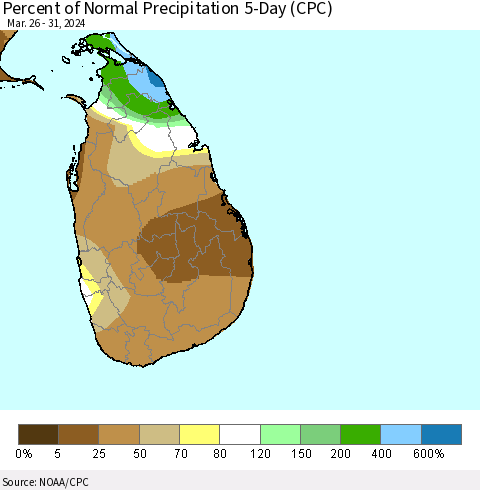 Sri Lanka Percent of Normal Precipitation 5-Day (CPC) Thematic Map For 3/26/2024 - 3/31/2024