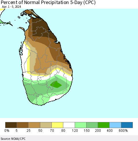 Sri Lanka Percent of Normal Precipitation 5-Day (CPC) Thematic Map For 4/1/2024 - 4/5/2024