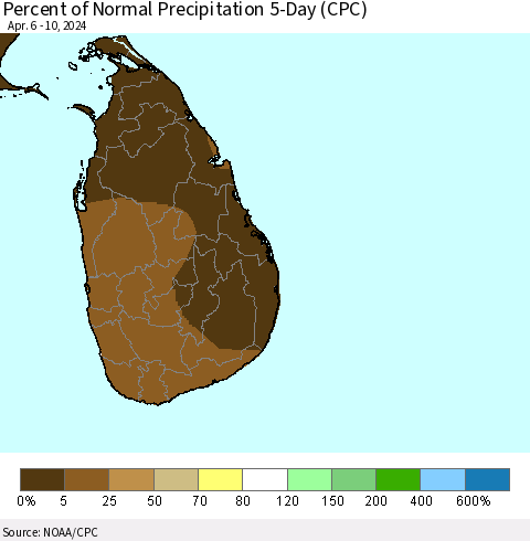 Sri Lanka Percent of Normal Precipitation 5-Day (CPC) Thematic Map For 4/6/2024 - 4/10/2024