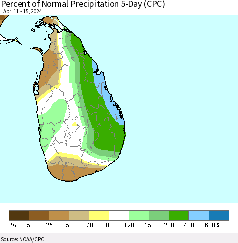 Sri Lanka Percent of Normal Precipitation 5-Day (CPC) Thematic Map For 4/11/2024 - 4/15/2024
