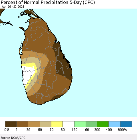 Sri Lanka Percent of Normal Precipitation 5-Day (CPC) Thematic Map For 4/16/2024 - 4/20/2024