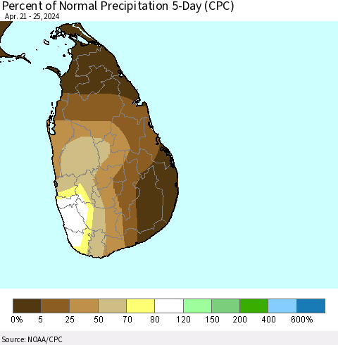 Sri Lanka Percent of Normal Precipitation 5-Day (CPC) Thematic Map For 4/21/2024 - 4/25/2024