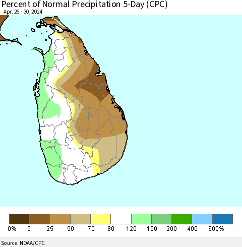 Sri Lanka Percent of Normal Precipitation 5-Day (CPC) Thematic Map For 4/26/2024 - 4/30/2024
