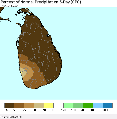 Sri Lanka Percent of Normal Precipitation 5-Day (CPC) Thematic Map For 5/1/2024 - 5/5/2024