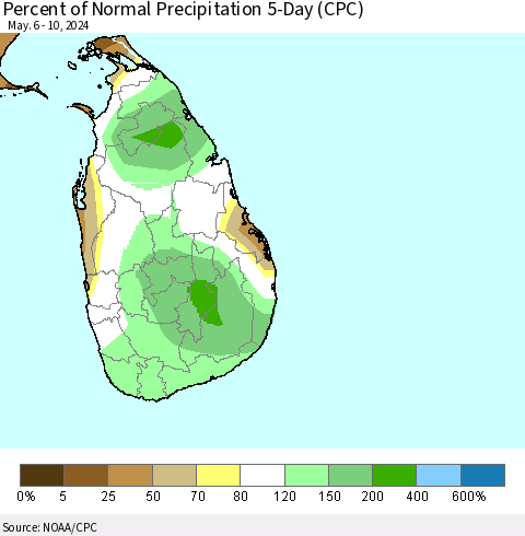 Sri Lanka Percent of Normal Precipitation 5-Day (CPC) Thematic Map For 5/6/2024 - 5/10/2024