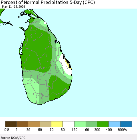 Sri Lanka Percent of Normal Precipitation 5-Day (CPC) Thematic Map For 5/11/2024 - 5/15/2024