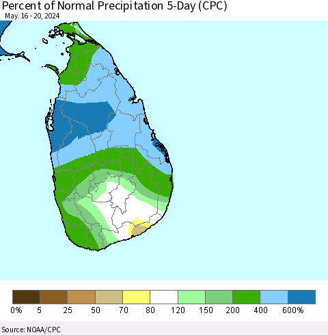 Sri Lanka Percent of Normal Precipitation 5-Day (CPC) Thematic Map For 5/16/2024 - 5/20/2024