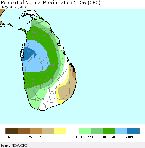 Sri Lanka Percent of Normal Precipitation 5-Day (CPC) Thematic Map For 5/21/2024 - 5/25/2024