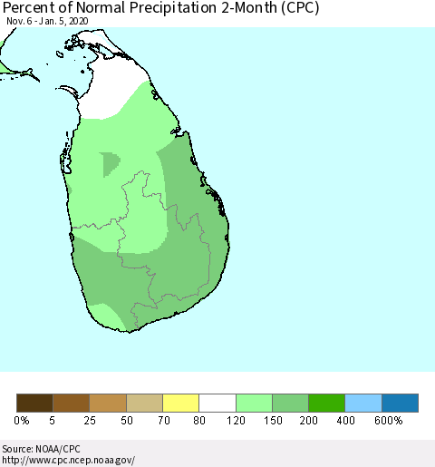 Sri Lanka Percent of Normal Precipitation 2-Month (CPC) Thematic Map For 11/6/2019 - 1/5/2020