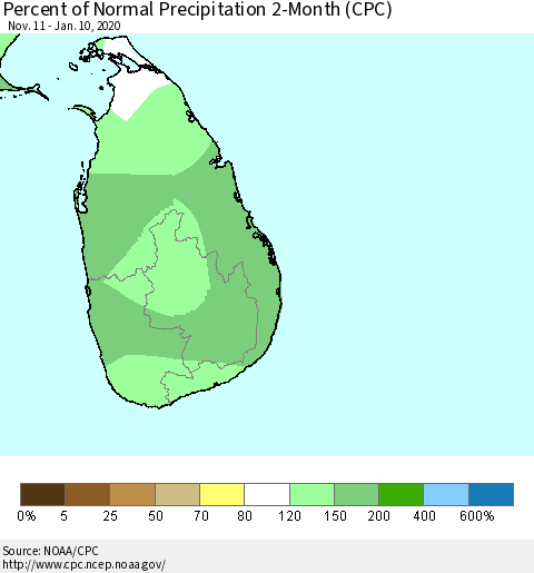 Sri Lanka Percent of Normal Precipitation 2-Month (CPC) Thematic Map For 11/11/2019 - 1/10/2020