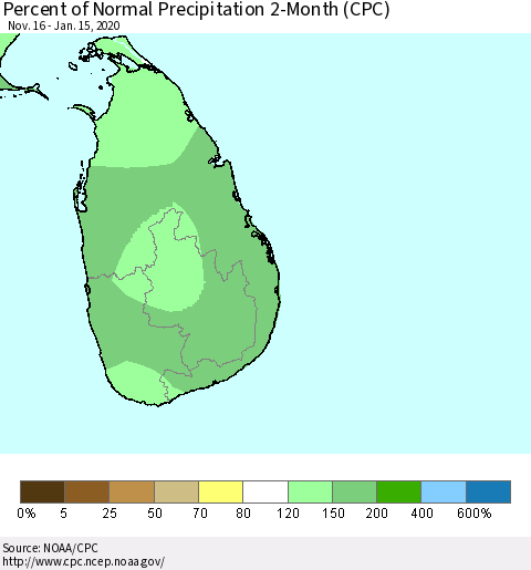 Sri Lanka Percent of Normal Precipitation 2-Month (CPC) Thematic Map For 11/16/2019 - 1/15/2020
