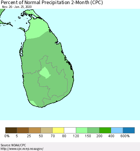 Sri Lanka Percent of Normal Precipitation 2-Month (CPC) Thematic Map For 11/26/2019 - 1/25/2020