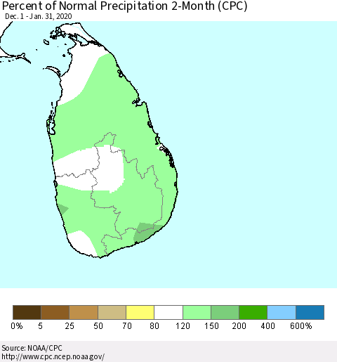Sri Lanka Percent of Normal Precipitation 2-Month (CPC) Thematic Map For 12/1/2019 - 1/31/2020