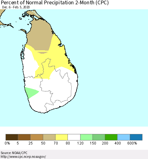 Sri Lanka Percent of Normal Precipitation 2-Month (CPC) Thematic Map For 12/6/2019 - 2/5/2020