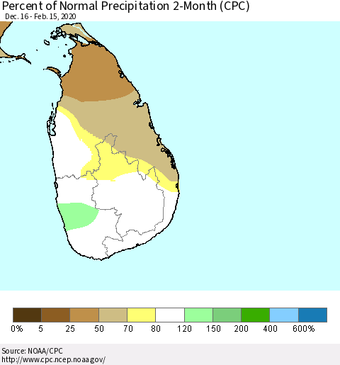 Sri Lanka Percent of Normal Precipitation 2-Month (CPC) Thematic Map For 12/16/2019 - 2/15/2020