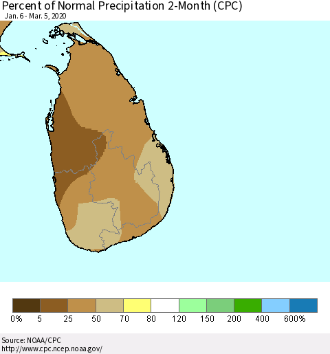 Sri Lanka Percent of Normal Precipitation 2-Month (CPC) Thematic Map For 1/6/2020 - 3/5/2020