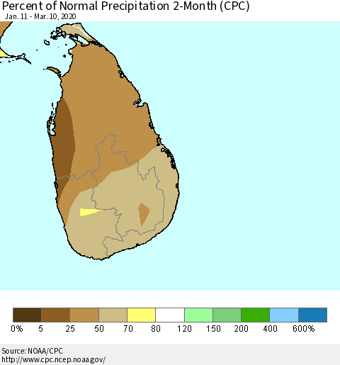 Sri Lanka Percent of Normal Precipitation 2-Month (CPC) Thematic Map For 1/11/2020 - 3/10/2020