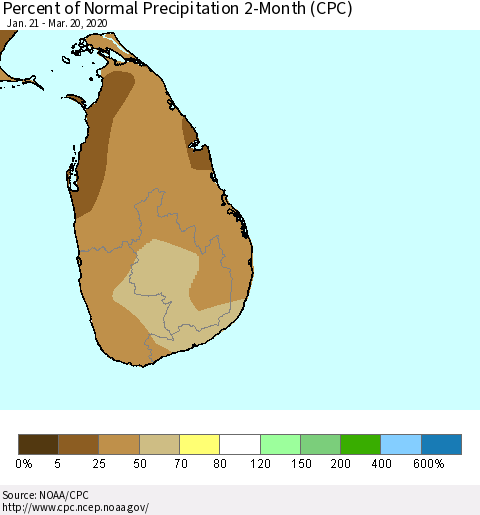 Sri Lanka Percent of Normal Precipitation 2-Month (CPC) Thematic Map For 1/21/2020 - 3/20/2020