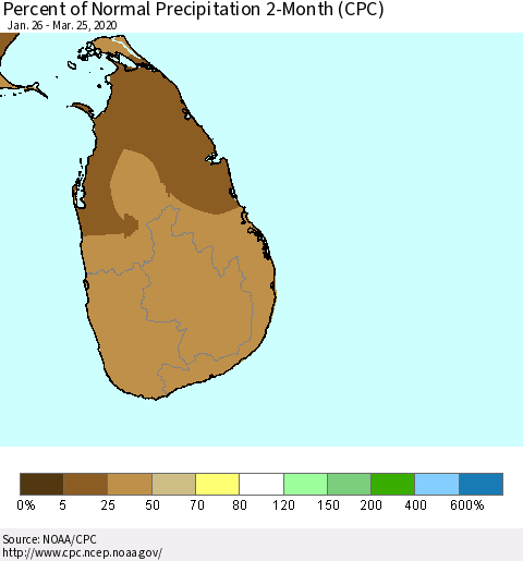Sri Lanka Percent of Normal Precipitation 2-Month (CPC) Thematic Map For 1/26/2020 - 3/25/2020