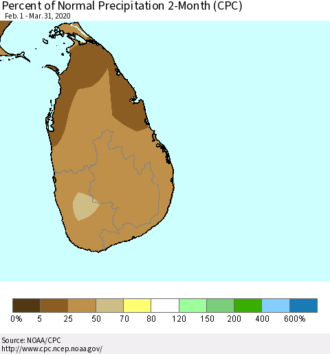 Sri Lanka Percent of Normal Precipitation 2-Month (CPC) Thematic Map For 2/1/2020 - 3/31/2020