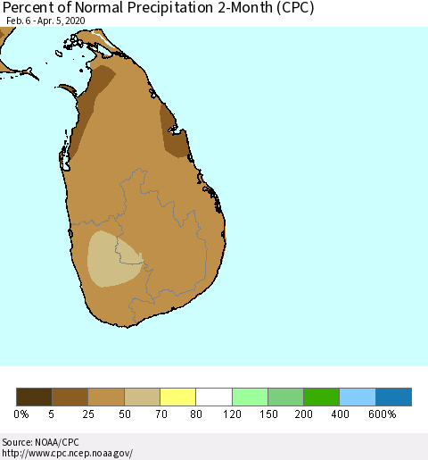 Sri Lanka Percent of Normal Precipitation 2-Month (CPC) Thematic Map For 2/6/2020 - 4/5/2020