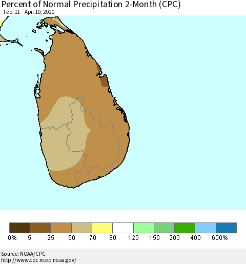 Sri Lanka Percent of Normal Precipitation 2-Month (CPC) Thematic Map For 2/11/2020 - 4/10/2020