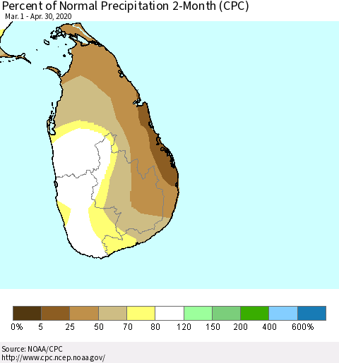 Sri Lanka Percent of Normal Precipitation 2-Month (CPC) Thematic Map For 3/1/2020 - 4/30/2020