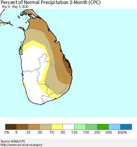 Sri Lanka Percent of Normal Precipitation 2-Month (CPC) Thematic Map For 3/6/2020 - 5/5/2020