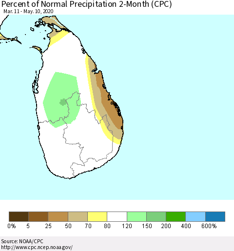 Sri Lanka Percent of Normal Precipitation 2-Month (CPC) Thematic Map For 3/11/2020 - 5/10/2020