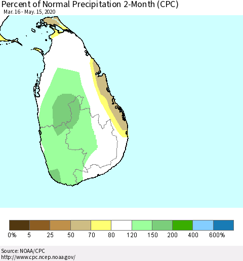 Sri Lanka Percent of Normal Precipitation 2-Month (CPC) Thematic Map For 3/16/2020 - 5/15/2020