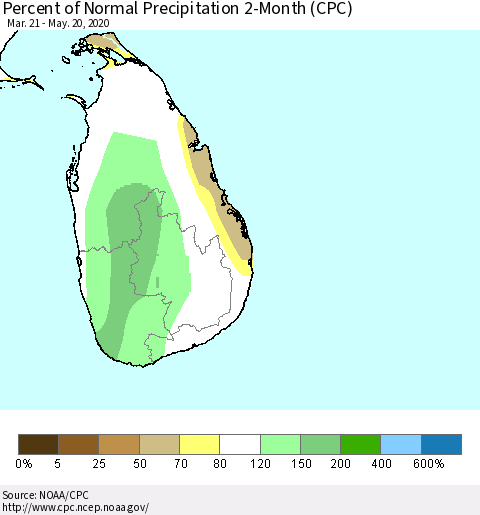 Sri Lanka Percent of Normal Precipitation 2-Month (CPC) Thematic Map For 3/21/2020 - 5/20/2020