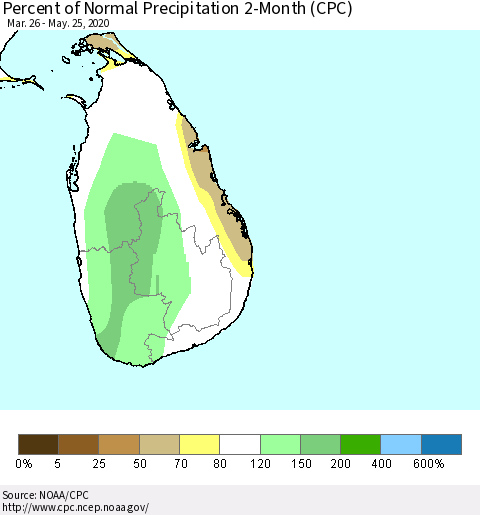 Sri Lanka Percent of Normal Precipitation 2-Month (CPC) Thematic Map For 3/26/2020 - 5/25/2020