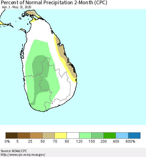 Sri Lanka Percent of Normal Precipitation 2-Month (CPC) Thematic Map For 4/1/2020 - 5/31/2020