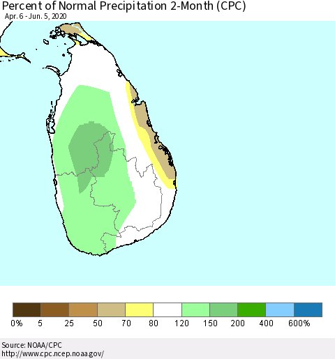 Sri Lanka Percent of Normal Precipitation 2-Month (CPC) Thematic Map For 4/6/2020 - 6/5/2020