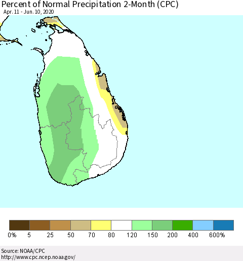 Sri Lanka Percent of Normal Precipitation 2-Month (CPC) Thematic Map For 4/11/2020 - 6/10/2020