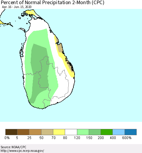 Sri Lanka Percent of Normal Precipitation 2-Month (CPC) Thematic Map For 4/16/2020 - 6/15/2020