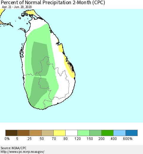 Sri Lanka Percent of Normal Precipitation 2-Month (CPC) Thematic Map For 4/21/2020 - 6/20/2020